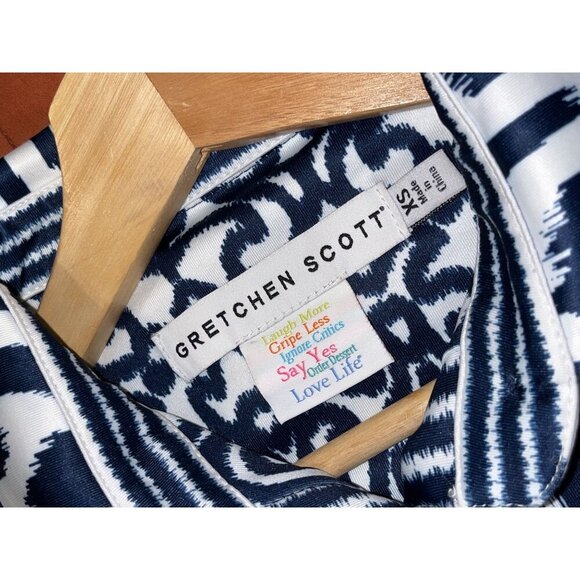 Gretchen Scott Blue & White Ikat Print Dress 3/4 Sleeves & Stand Collar Women's - Picture 6 of 9